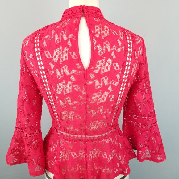 Minkpink Red Sheer Lace Blouse with Stars Flared Sleeves Women's Size Small - Picture 5 of 8